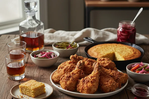 Warm farmhouse table with Kentucky bourbon whiskey bottle and rustic winemaking equipment in soft natural light
