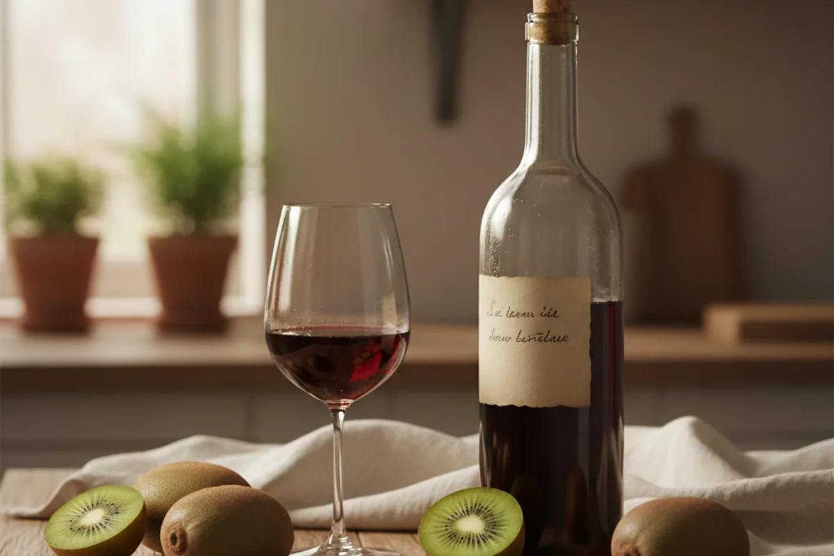 Sliced kiwi fruits beside a glass of pale green wine on a walnut surface in warm natural light