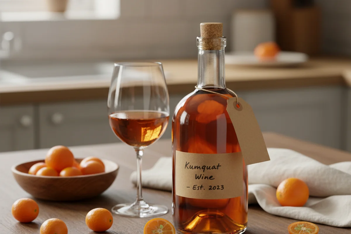 Fresh kumquats beside a glass of golden wine on a walnut surface in warm natural light