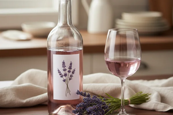 Bottle of lavender wine beside dried lavender sprigs on a walnut surface in warm natural light