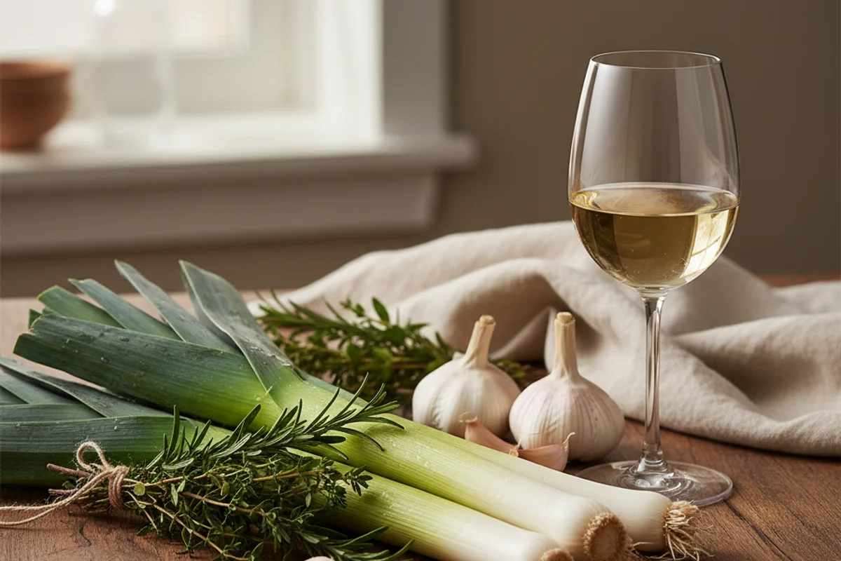 Fresh leeks beside a glass of pale golden wine on a walnut surface in warm natural light