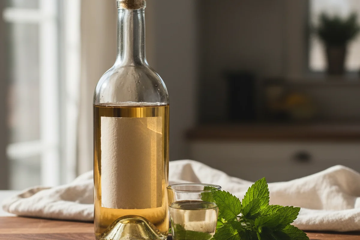 Fresh lemon balm sprigs beside a glass of pale golden wine on a warm walnut surface