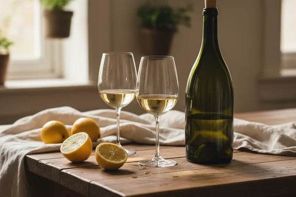 Bright lemon halves and a glass of pale yellow wine on a walnut surface in warm natural light