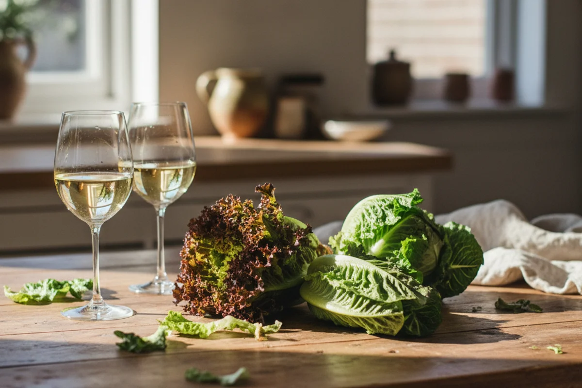 Pale green lettuce wine in a glass jar on a walnut surface, soft natural light, cream linen beside it