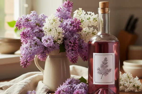 Fragrant lilac wine in a glass jar on a walnut surface, soft natural light, cream linen nearby