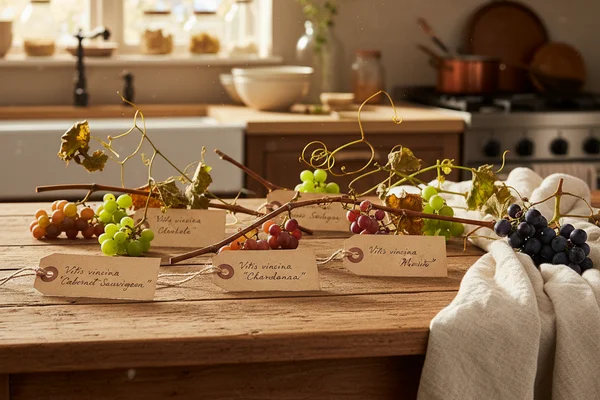 Handwritten list of Vitis species names on cream linen beside a warm walnut surface in soft natural light