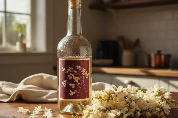 Fresh locust blossoms beside a glass of pale golden wine on a walnut surface in soft natural light