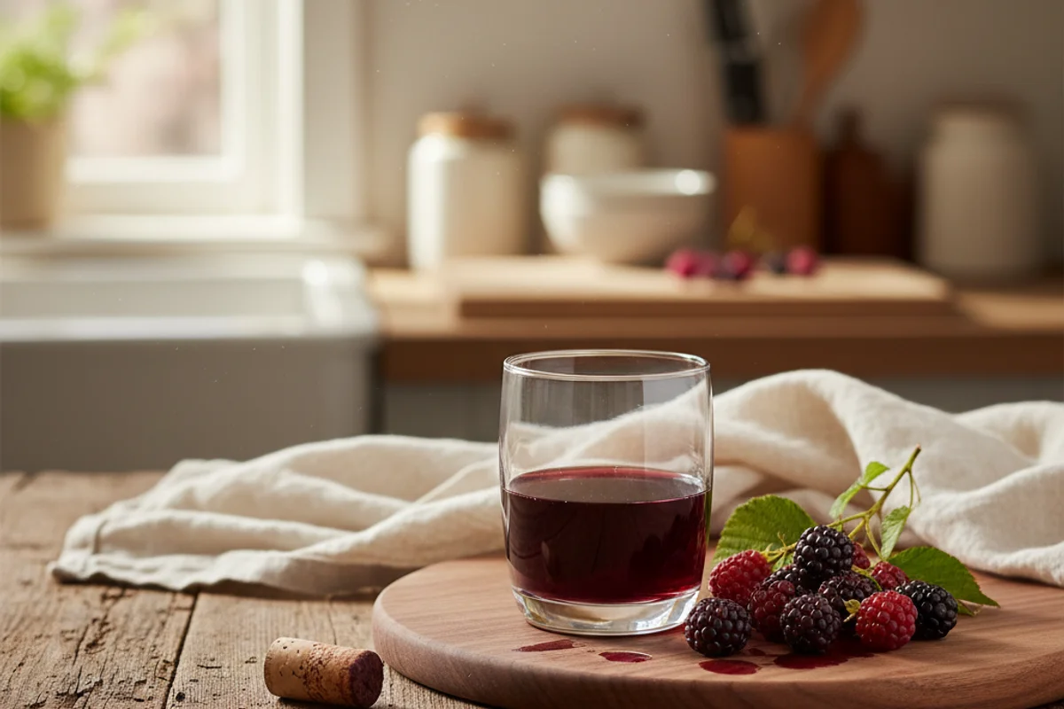 Fresh loganberries beside a glass of deep ruby wine on a walnut surface in soft natural light