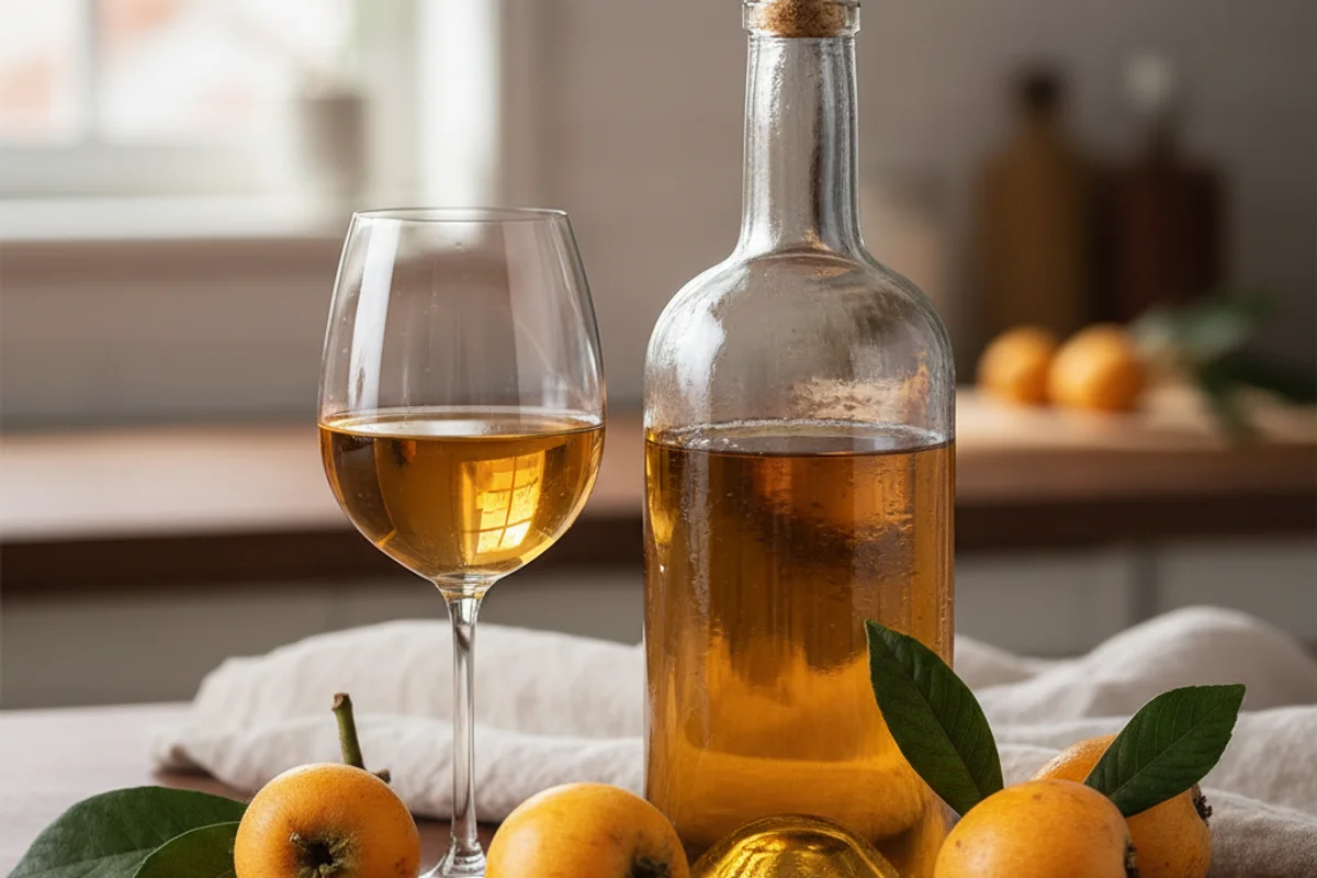 Loquat wine in a glass beside fresh loquat fruits on a walnut surface in warm natural light
