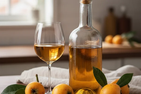 Loquat wine in a glass beside fresh loquat fruits on a walnut surface in warm natural light