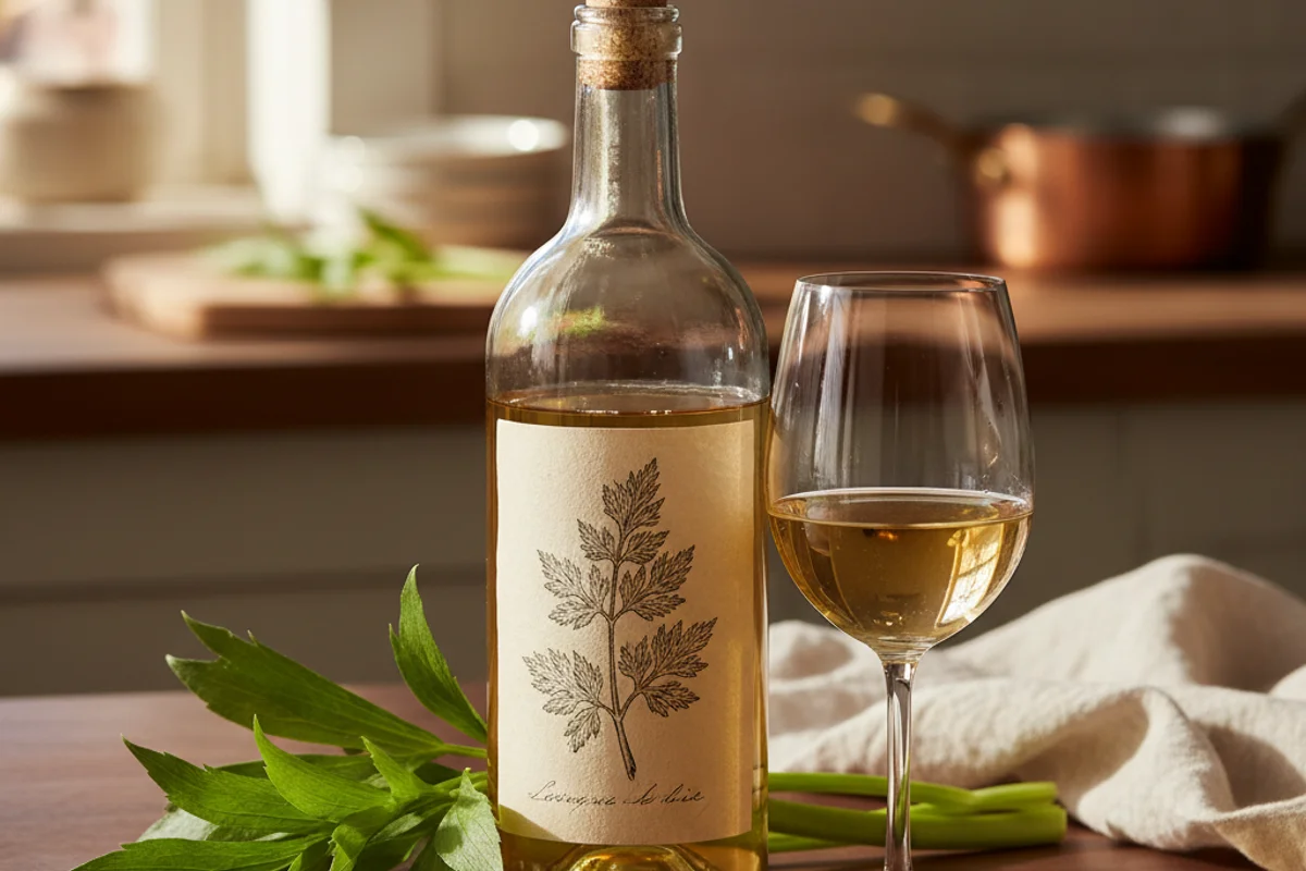Dried lovage stems and fresh green leaves beside a glass of pale golden wine on a walnut surface