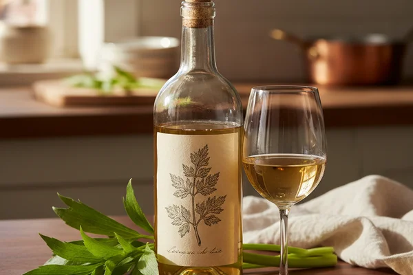 Dried lovage stems and fresh green leaves beside a glass of pale golden wine on a walnut surface