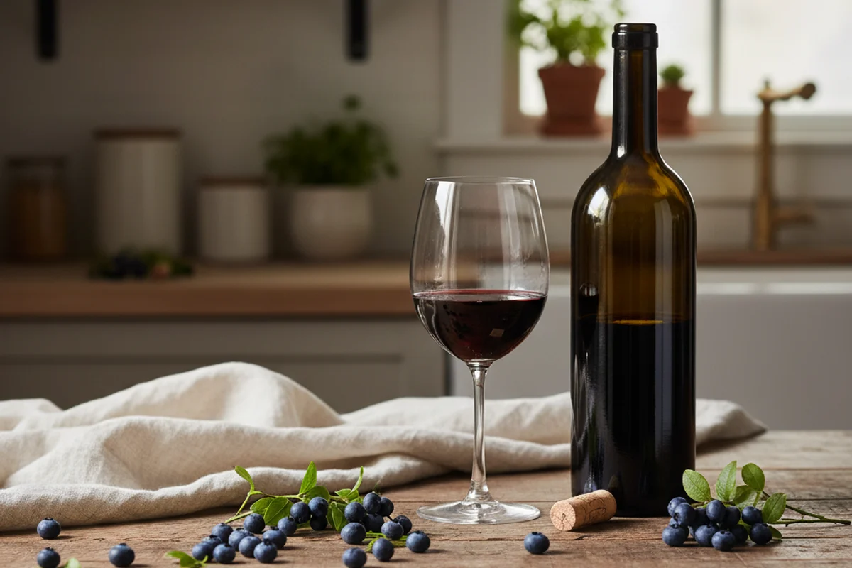 Rustic bowl of fresh lowbush blueberries beside a glass of deep violet wine on a walnut surface
