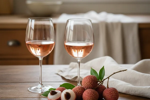 Fresh lychee fruits beside a glass of pale golden wine on a walnut surface in soft natural light