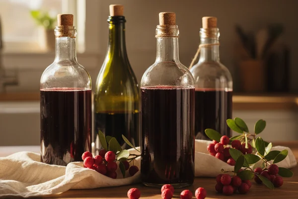 Rustic jar of deep red madrone berry wine on a walnut surface in warm natural light