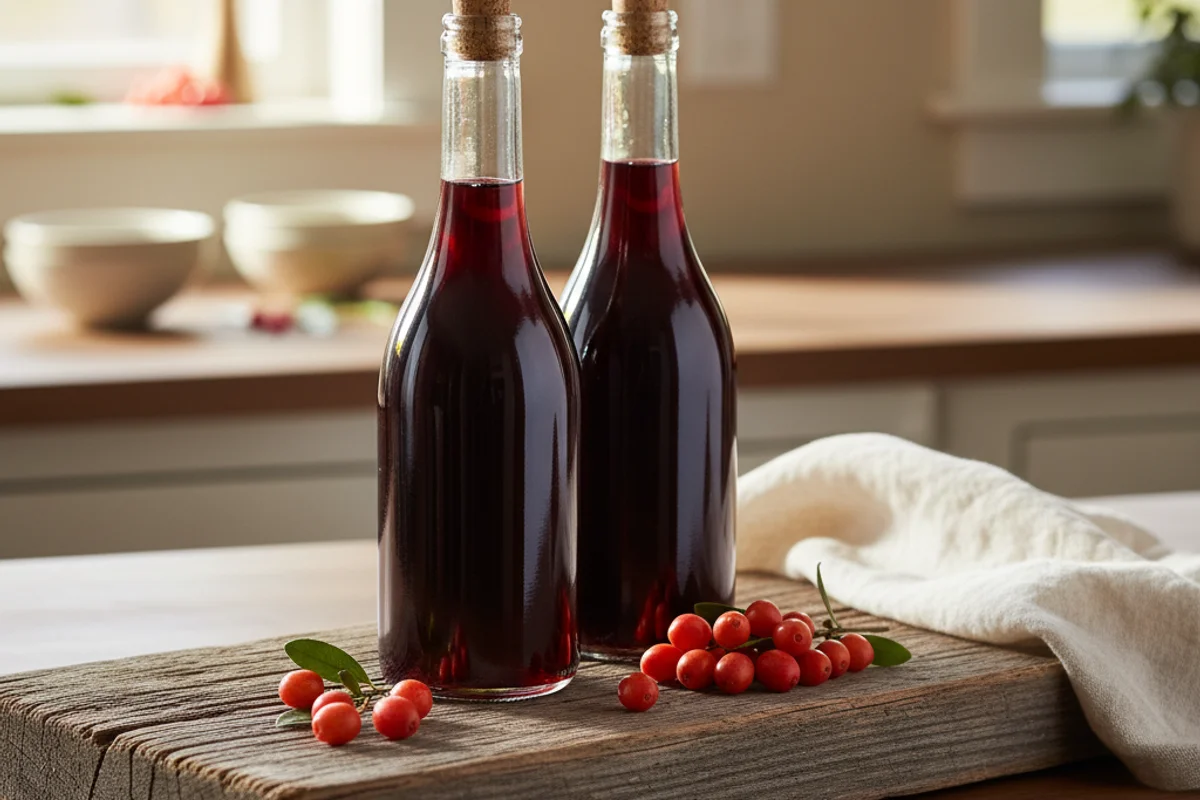 Madrone berries and a glass of deep red wine on a walnut surface in warm natural light
