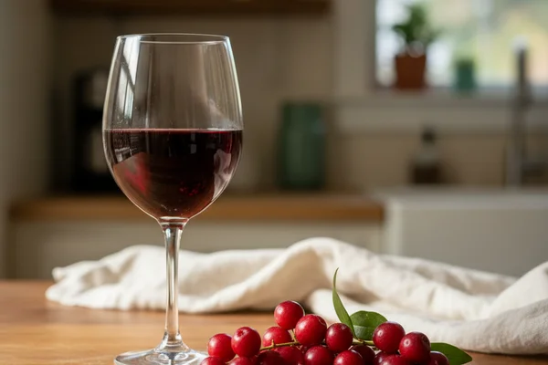Clusters of deep red madrone berries beside a glass of ruby wine on a walnut surface in warm light