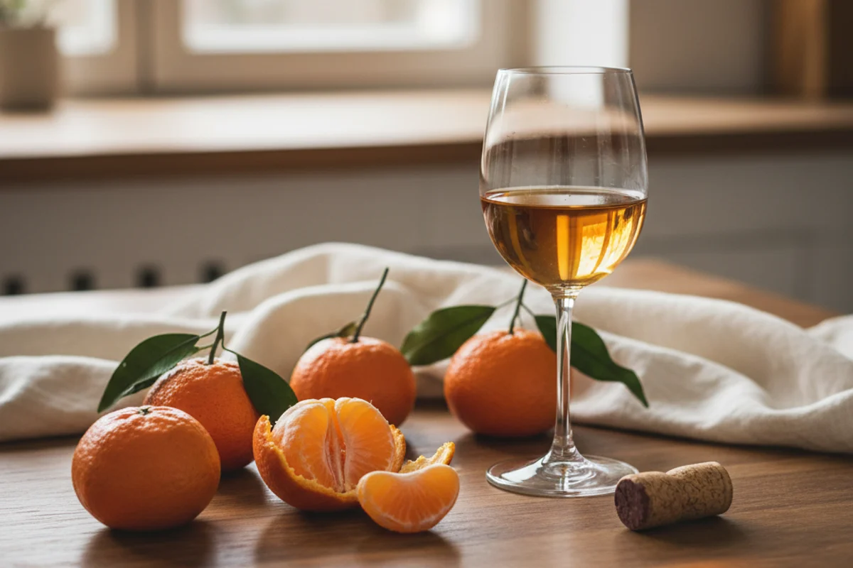 Bright mandarin oranges beside a glass of amber wine on a walnut surface in warm natural light