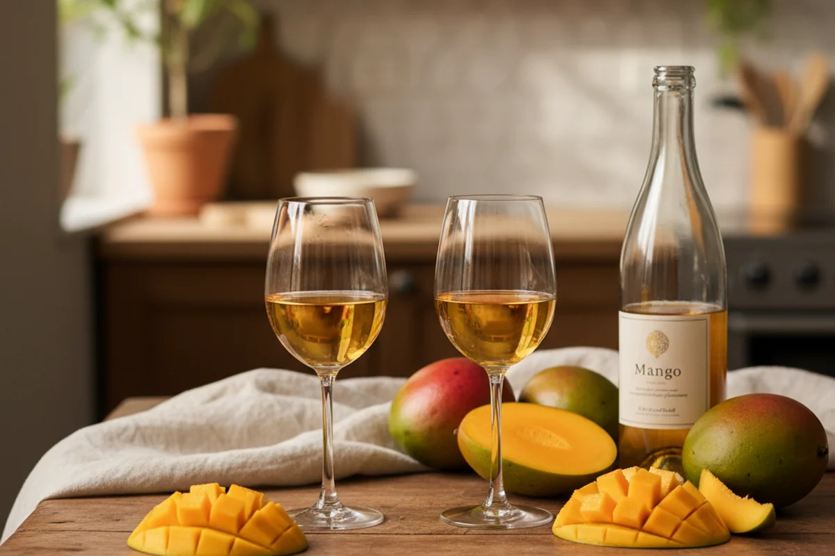 Ripe whole mangoes on a walnut surface beside a glass of golden wine in soft natural light