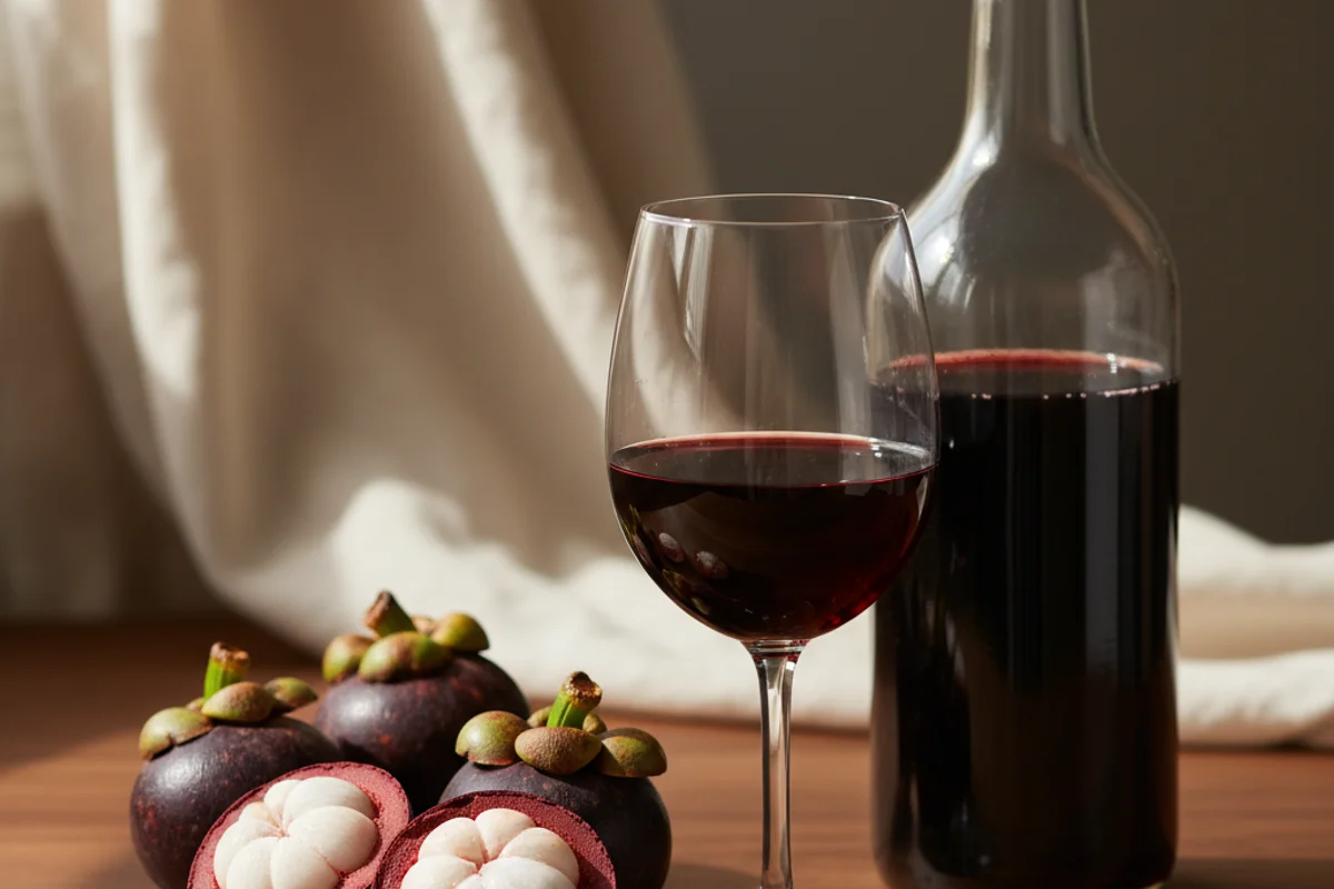Whole and halved mangosteens beside a glass of deep ruby wine on a walnut surface in soft natural light