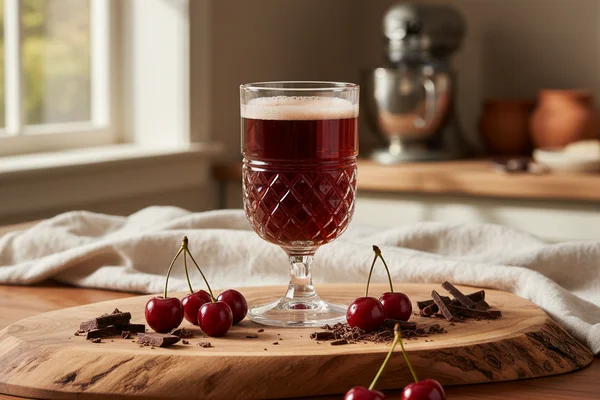 Rustic jar of dark chocolate cherry mead on a walnut surface beside maraschino cherries and cocoa