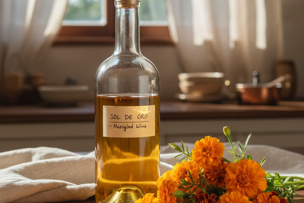 Bright marigold blossoms beside a glass of golden wine on a walnut surface in soft natural light