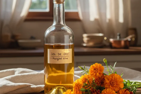Bright marigold blossoms beside a glass of golden wine on a walnut surface in soft natural light