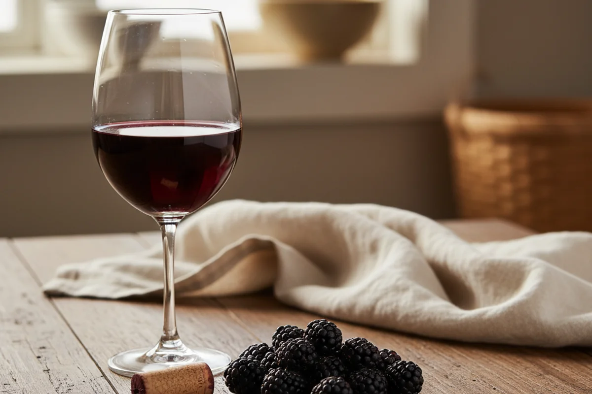 Dark marionberries and a glass of deep purple wine on a walnut surface in warm natural light