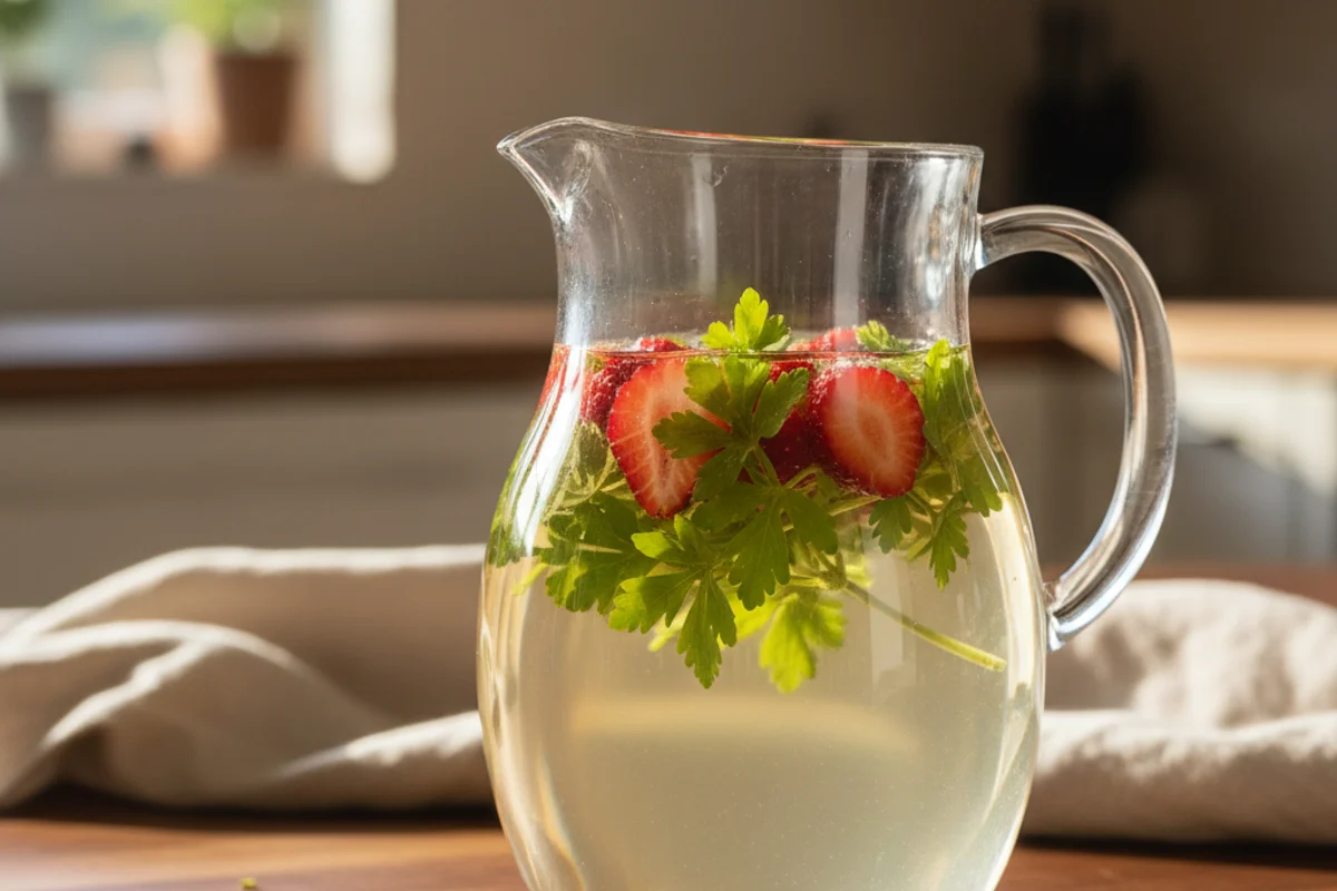 Sweet woodruff sprigs steeping in a glass pitcher of pale white wine on a walnut surface