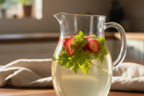 Sweet woodruff sprigs steeping in a glass pitcher of pale white wine on a walnut surface