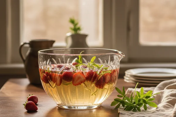 Chilled glass of pale May wine on a walnut surface beside fresh woodruff sprigs in soft natural light