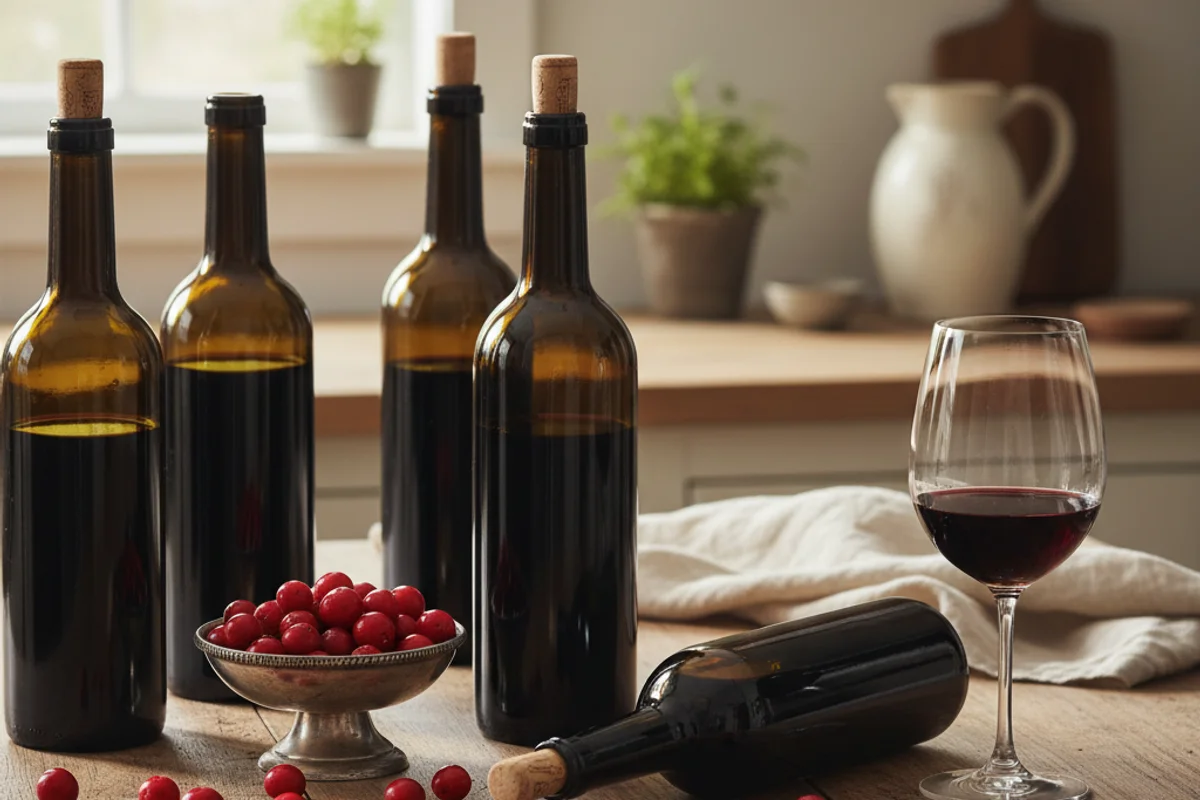 Rustic mayhaw wine in a glass beside fresh red mayhaw berries on a walnut surface in warm light