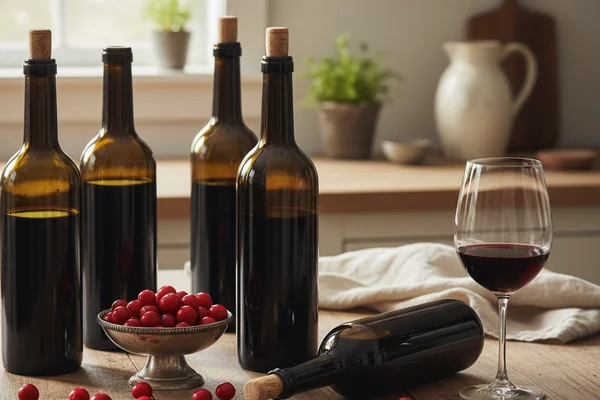 Rustic mayhaw wine in a glass beside fresh red mayhaw berries on a walnut surface in warm light