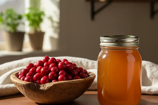 Small red mayhaw berries clustered on a walnut surface beside winemaking equipment in warm natural light