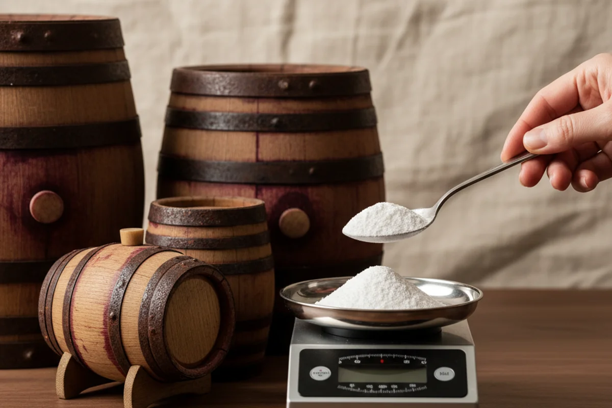 Small glass measuring cups with white powder additives on a walnut surface in warm natural light
