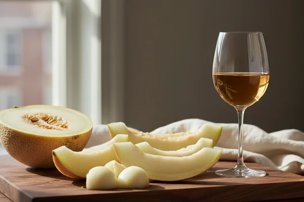 Pale golden melon wine in a glass beside fresh cantaloupe slices on a walnut surface in soft natural light