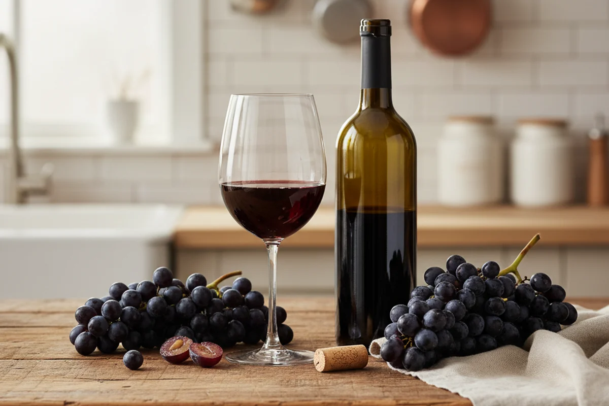 Deep red Merlot wine in a glass on a walnut surface, soft natural light, cream linen backdrop