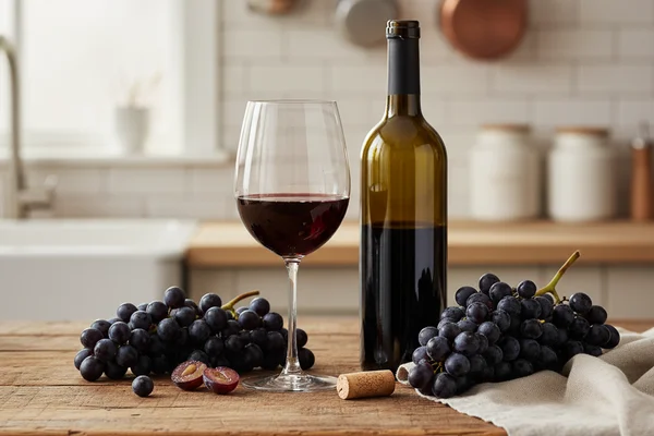 Deep red Merlot wine in a glass on a walnut surface, soft natural light, cream linen backdrop