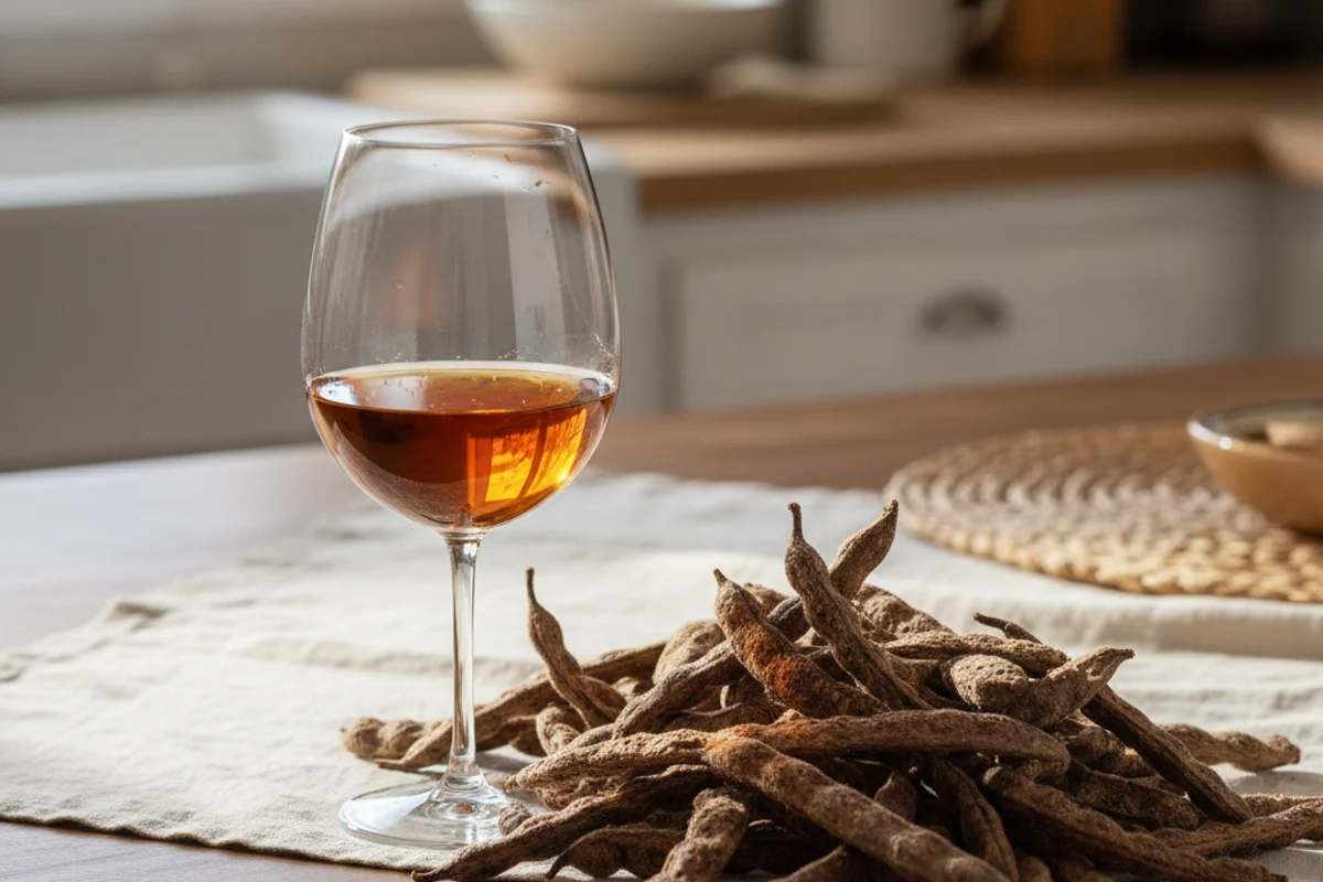 Dried mesquite bean pods beside a glass of amber wine on a walnut surface in warm natural light