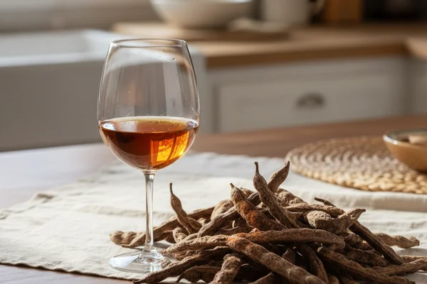 Dried mesquite bean pods beside a glass of amber wine on a walnut surface in warm natural light