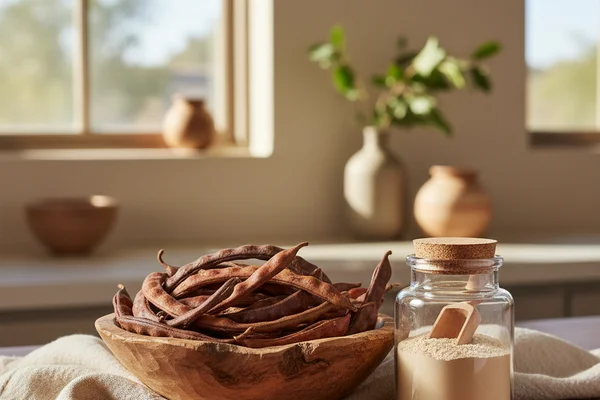 Dried mesquite bean pods arranged on a walnut surface beside a glass jar in warm natural light