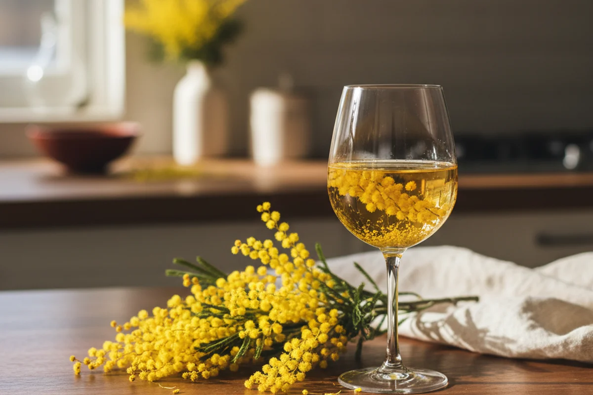 Dried mimosa flowers beside a glass of pale golden wine on a walnut surface in soft natural light