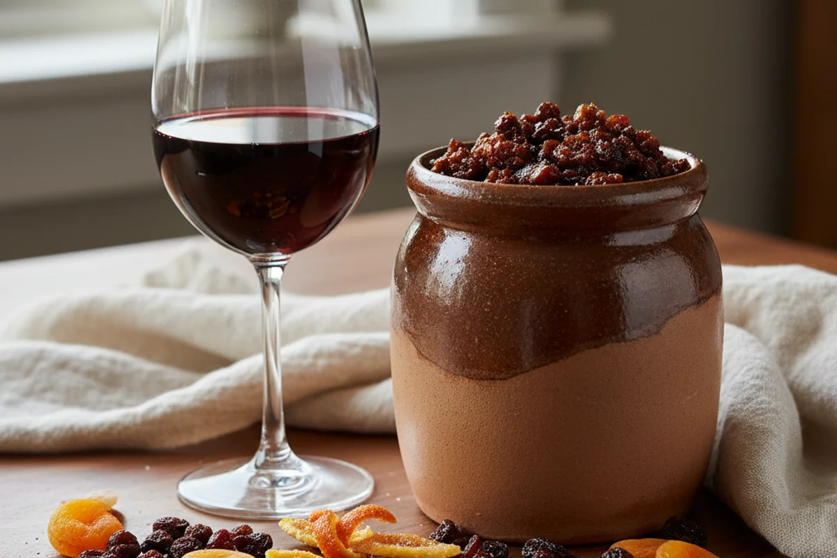 Rustic jar of mincemeat beside a glass of amber wine on a walnut surface in soft natural light