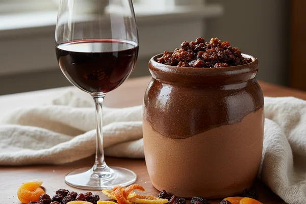 Rustic jar of mincemeat beside a glass of amber wine on a walnut surface in soft natural light