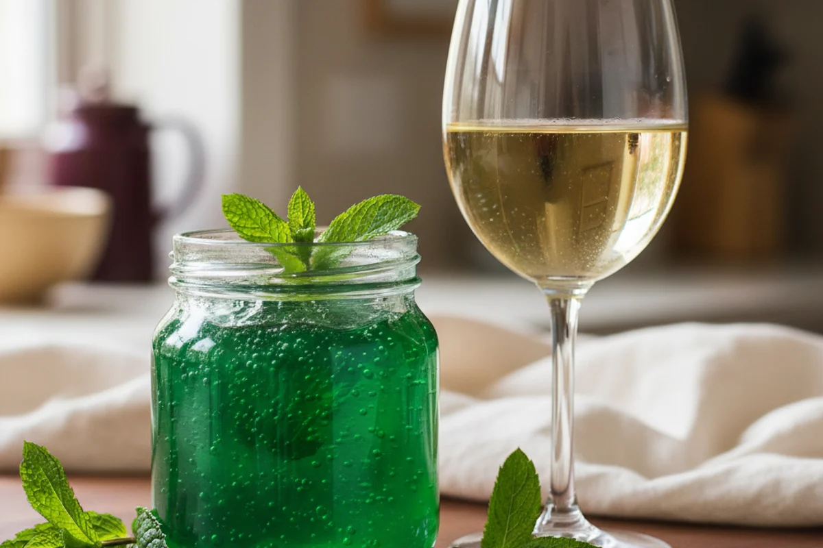 Fresh mint jelly wine in a glass jar on a walnut surface beside sprigs of green mint in soft natural light