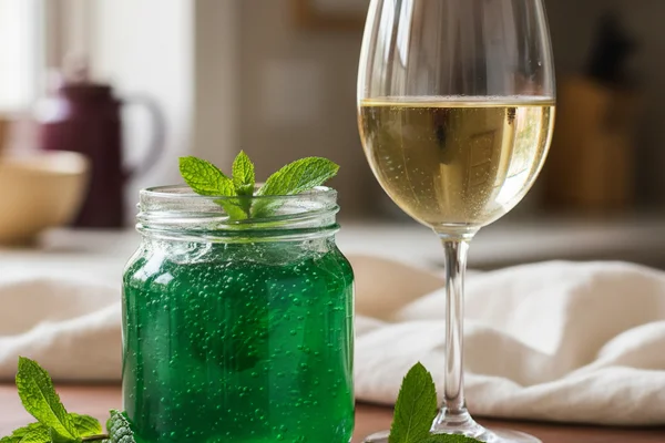 Fresh mint jelly wine in a glass jar on a walnut surface beside sprigs of green mint in soft natural light