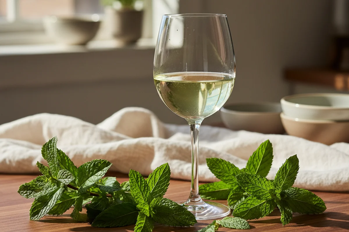 Fresh mint sprigs beside a glass of pale green wine on a warm walnut surface in soft natural light