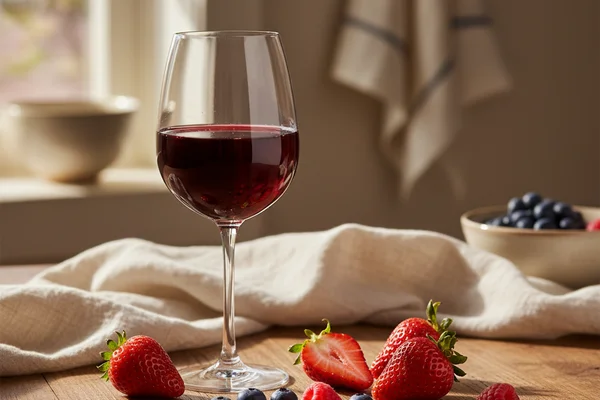 Rustic mixed berry wine in a glass jar on a walnut surface beside fresh berries in soft natural light