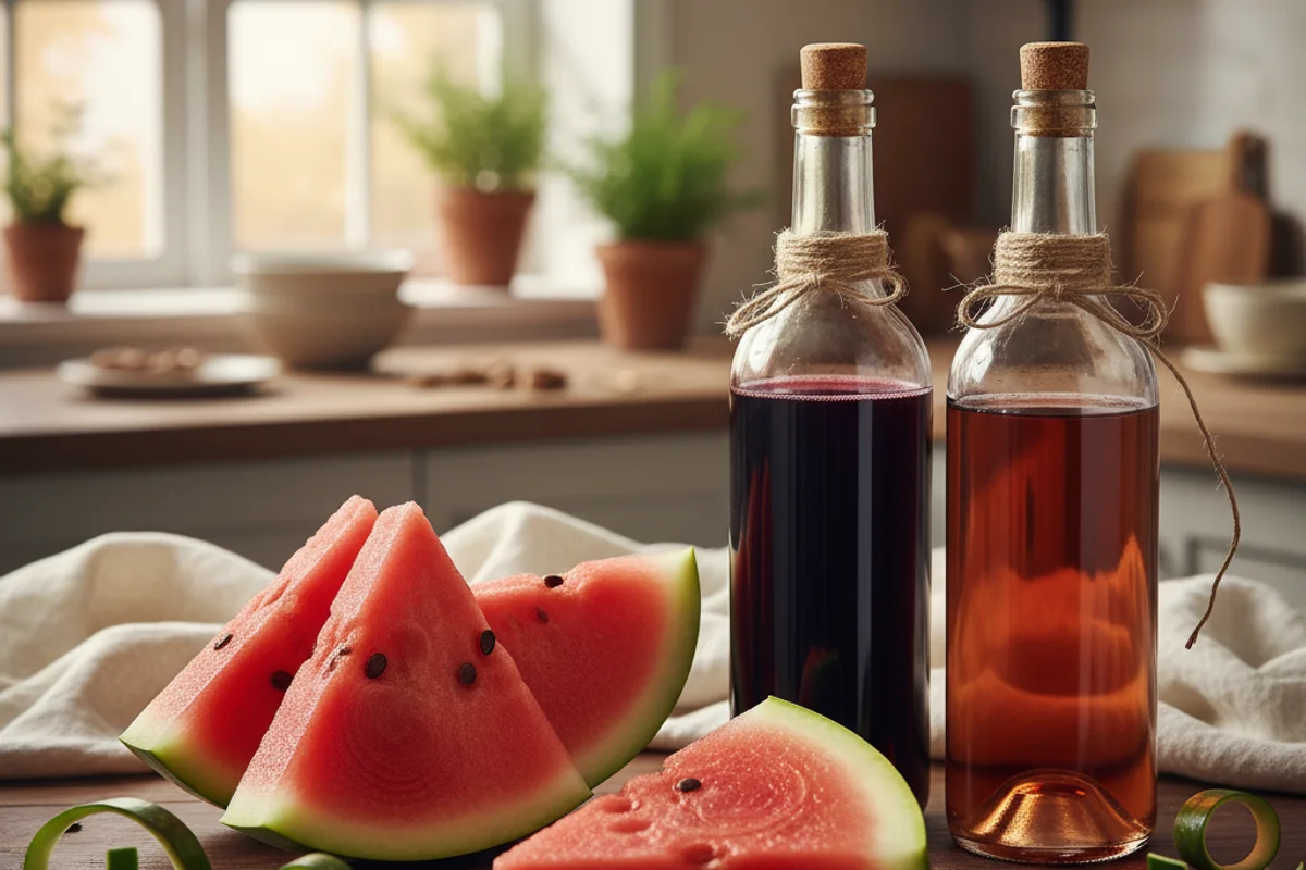 Sliced watermelon and a glass of pale pink wine on a walnut surface in warm natural light