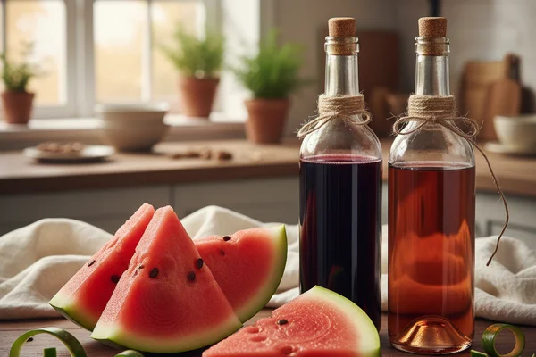 Sliced watermelon and a glass of pale pink wine on a walnut surface in warm natural light